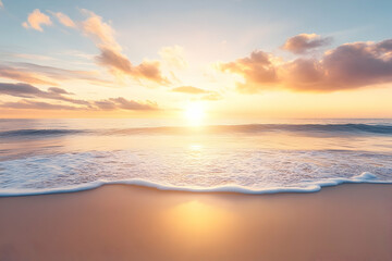 Obraz premium Serene sunset over ocean waves on sandy beach; travel postcard
