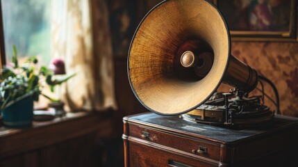 A close-up of an old-fashioned gramophone speaker amplifying sound waves.