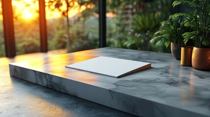 Blank brochure on marble countertop, sunset view, tropical garden