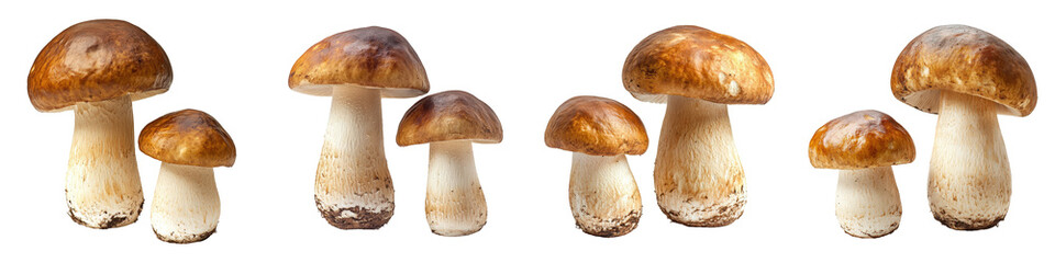 Porcini mushrooms of varied sizes with smooth caps and textured stems, edible gourmet fungi displayed together.