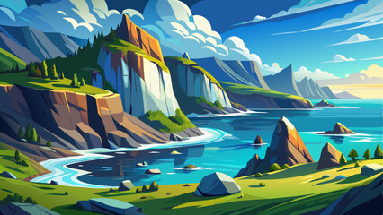 majestic northern landscape with towering cliffs, a peaceful coastline, and crystal-clear blue skies © koushkij