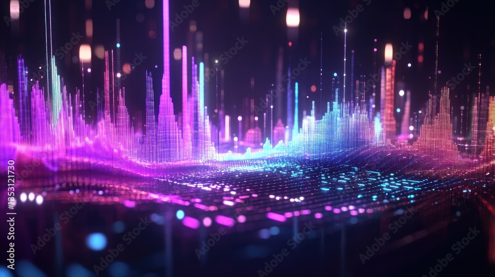 Poster a colorful equalizer display pulsating to represent different sound energy frequencies.
