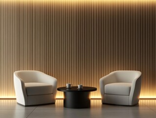Two armchairs and a table create a modern interior arrangement