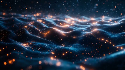 Obraz premium Abstract cosmic waves with glowing orange particles floating in dark space, luminous blue energy streams creating dynamic flowing pattern against starry background.