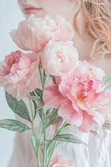 A person holds a bouquet of soft pink and white peonies