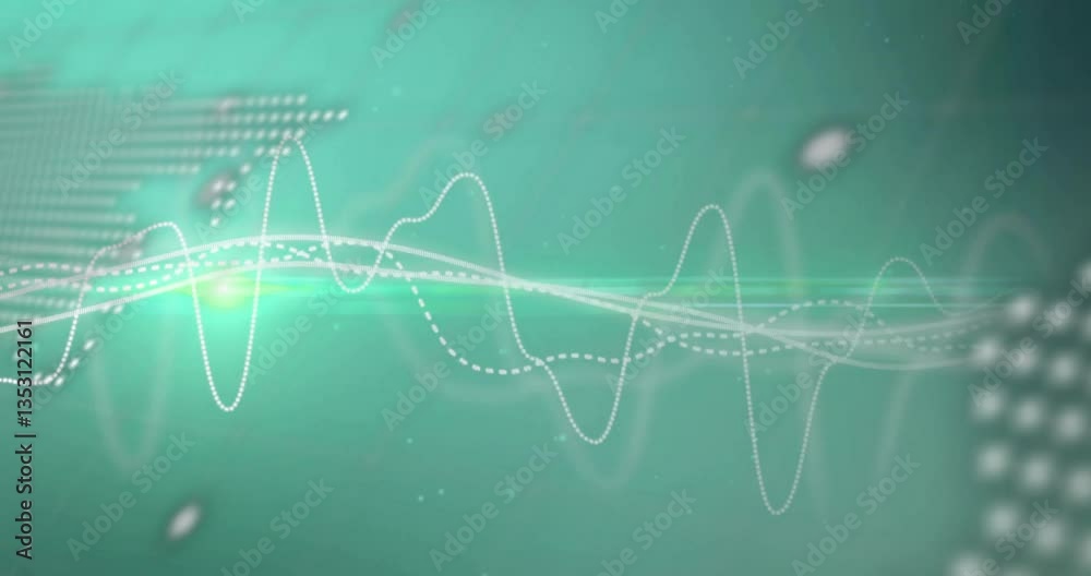 Poster animation of abstract waveforms and text over green background with dotted world map