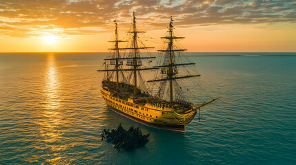 Obraz premium Majestic sailing ship at sunset, ocean voyage, golden hour, calm waters, travel photography