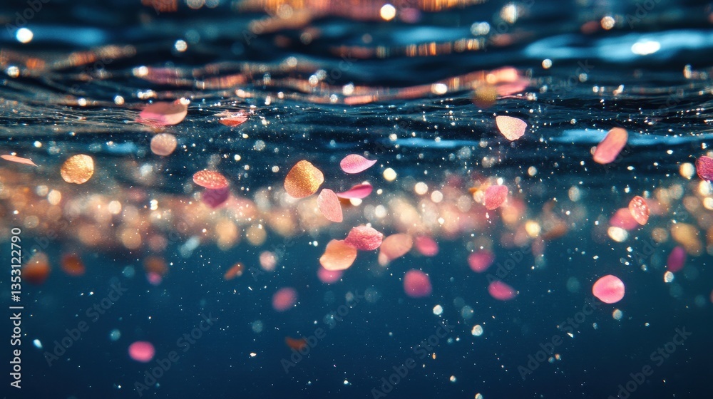 Poster colorful flower petals drift gracefully below the water surface, creating a tranquil and enchanting 