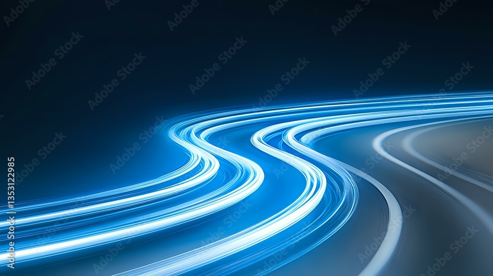 Poster glowing blue light trails curve through dark background creating dynamic motion effect, speed lines 