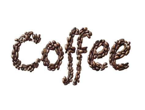 The word "coffee" made of coffee beans on a white background, png