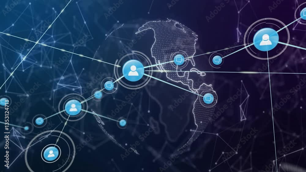 Poster network of connections and data processing animation over world map background