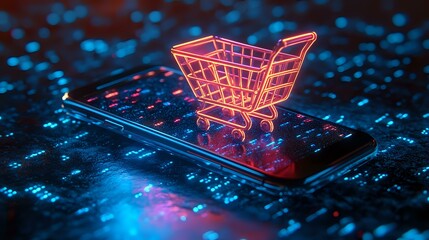 Glowing neon shopping cart icon floating over smartphone screen with digital circuit pattern background in pink and blue futuristic colors.