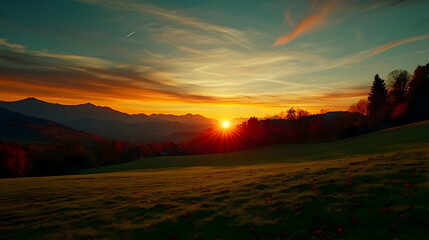 Autumn sunset over mountains, idyllic field