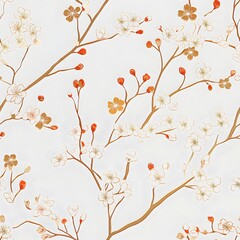 Delicate floral pattern with cherry blossom branches and orange berries on white background. Seamless design for fabric, wallpaper, and spring stationery. Japanese nature motif.