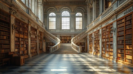 Fototapeta premium Grand library interior with sunlight streaming through tall windows and bookcases lining the walls.