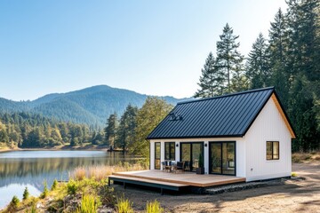Nestled amidst majestic mountains, this enchanting lakeside cabin provides the perfect serene getaway, ideal for enjoying nature on a sunny afternoon