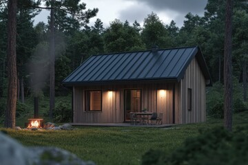 Nestled in a serene forest, a cozy wooden cabin glows softly at dusk, warmly lit by the flickering flames of a nearby campfire. Surrounded by towering trees, it creates a peaceful ambiance.