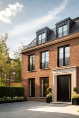 Obraz premium Elegant modern brick house with large windows and neatly manicured landscaping under a clear sky in a tranquil neighborhood setting during the afternoon