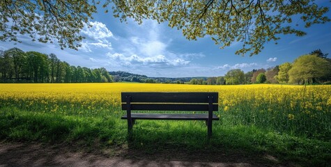 Naklejka premium A wooden bench faces a field of yellow flowers under a sunny sky