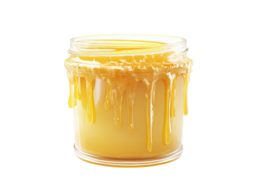 A glass jar overflowing with pure golden honey isolated on transparent background - Powered by Adobe