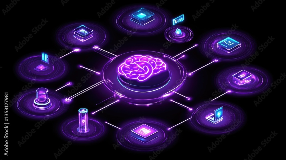 Poster a glowing ai brain interconnected with robotic process automation symbols and digital workflow icons