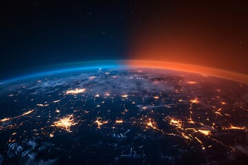 split screen of bright day and blackout night Earth,