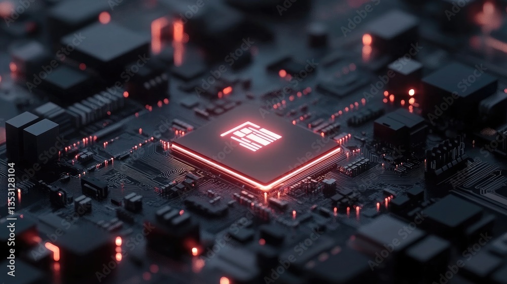 Poster a glowing ai processor chip integrated with hyperautomation icons and real-time machine learning upd