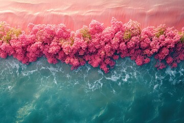Pink floral beach, aerial view, vibrant colors, dreamy seascape