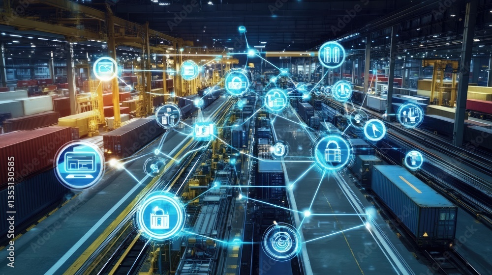 Poster a hyperautomated supply chain powered by ai, visualizing interconnected logistics and predictive ins