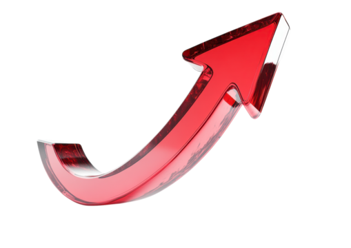 Curved red arrow rising upward isolated on transparent background
