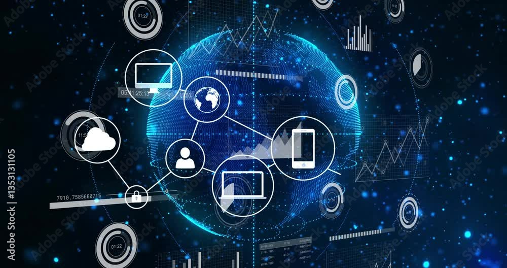 Poster digital network connections processing over glowing globe background in animation