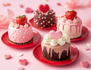 Four miniature cakes, decorated in pastel pink and red, perfect for Valentine's Day
