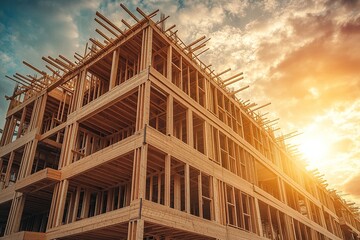 Obraz premium Wooden Frame Building Under Construction at Sunset