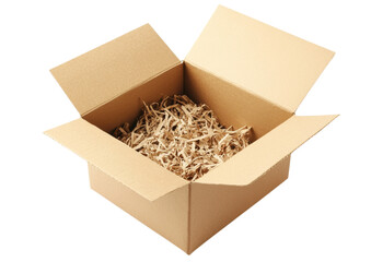 Empty open cardboard box with flaps folded outward isolated on transparent background