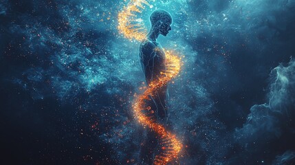Humanoid figure with fiery DNA helix in cosmic nebula.