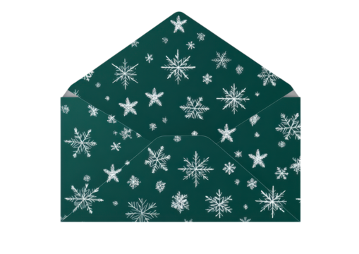 Green envelope with white snowflake pattern isolated on transparent background