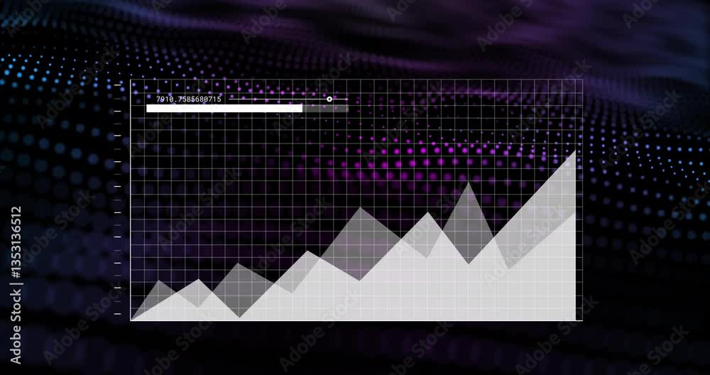 Poster rising data points on graph with purple digital wave animation background