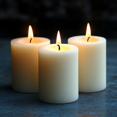 Three burning candles, dark background, serene scene, meditation