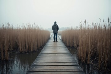 Obraz premium A solitary figure walks along a wooden boardwalk through tall reeds on a foggy day, evoking feelings of solitude and introspection in the wilderness.