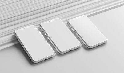 Three white smartphones arranged on sleek grey surface with white striped background, Mockup Isolated, help desing mockup, showcasing blank screens for app or website mockup