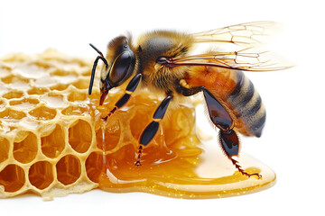 An extreme close-up of a honeycomb with thick, translucent honey dripping from the wax cells, as a honeybee carefully crawls over the structure. The bee’s legs and antennae are sharply detailed