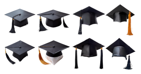 Various Graduation Caps and Mortarboards in Different View Angles, isolated on transparent background