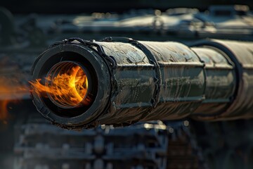 Close-up of a tank barrel firing with visible flames.