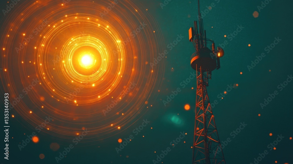 Poster a radio tower emitting sound frequencies in the form of concentric wave patterns.