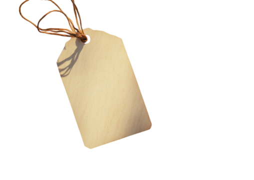 Blank kraft paper tag with string attachment isolated on transparent background