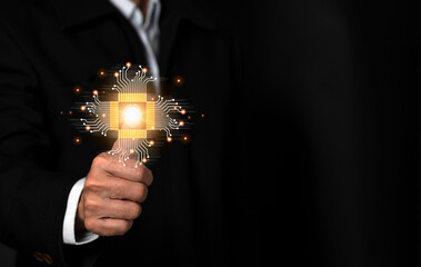 Cyber security concept. Man using thumb to scan finger print or for digital processing biometric identification to access security system includes internet banking, cloud system.