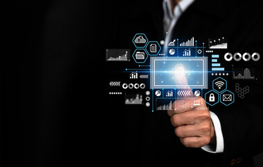 Cyber security concept. Man using thumb to scan finger print or for digital processing biometric identification to access security system includes internet banking, cloud system.