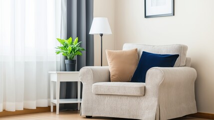 Elegant corner featuring a boucle armchair with minimalist decor and copy space for stylish design ideas