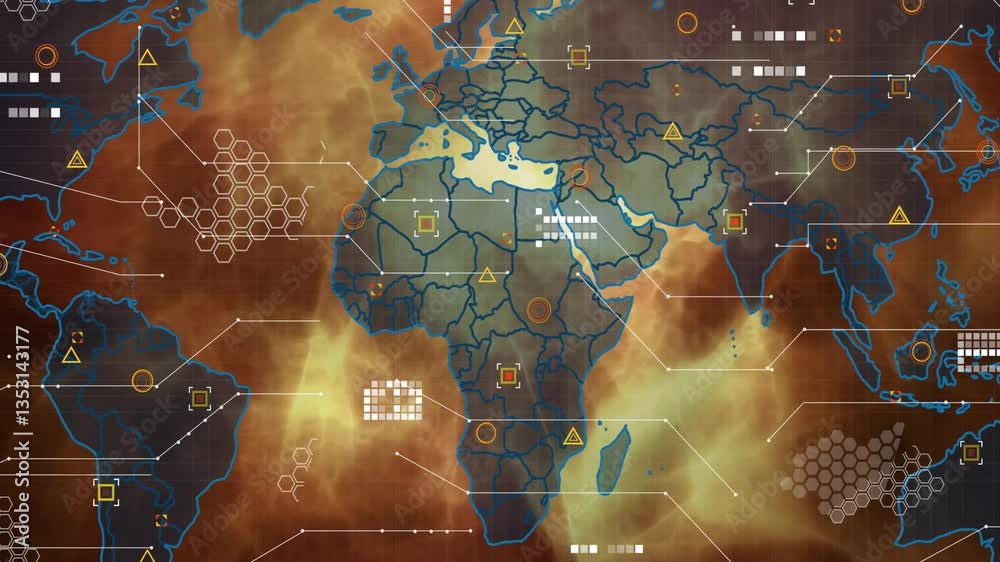 Poster digital map with geometric patterns and data points creating animation of africa