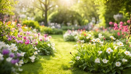 Fototapeta premium Vibrant spring flowers bloom along a sun-drenched garden path.